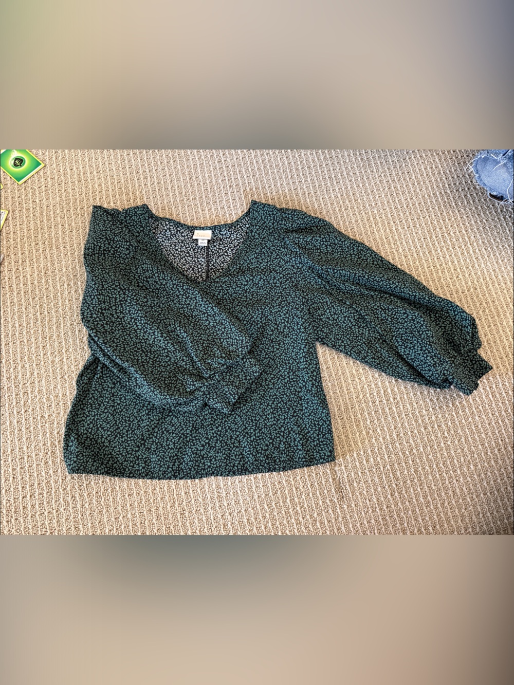 Girls' Green Printed Bubble Sleeve Top